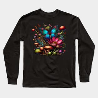 Butterfly in garden of flowers and mushrooms Long Sleeve T-Shirt